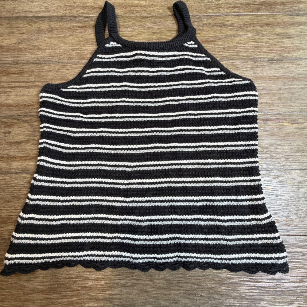 Cloud Chaser Retro Womens Large Black‎ White Striped Knit Tank Top Scalloped Hem